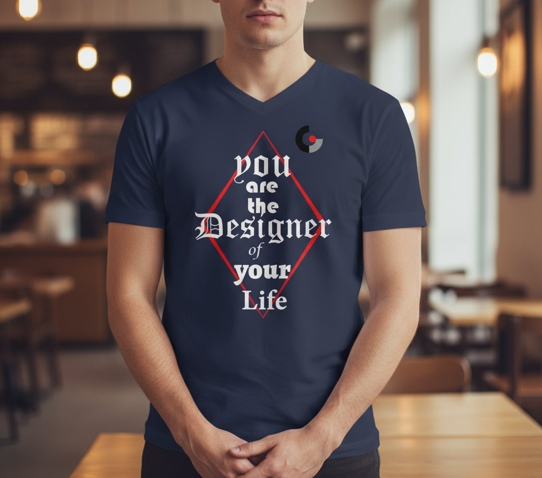 Blue t-shirt with motivational quote 'You are the Designer of your Life' on a white background