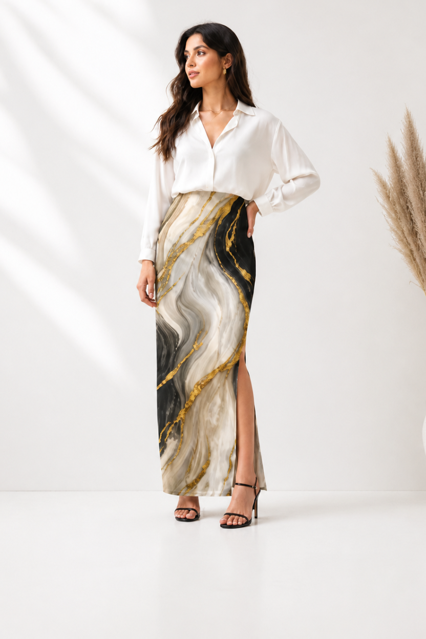 Elegant Marble Print Maxi Skirt
